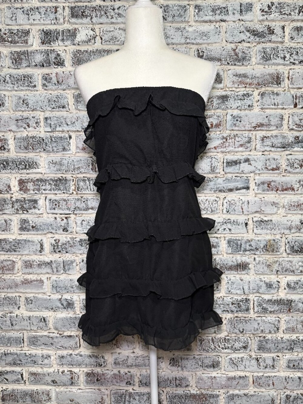 PLT Petite Romantic Feminine Black Frilled Ruffles Bandeau Mini Dress Size 10